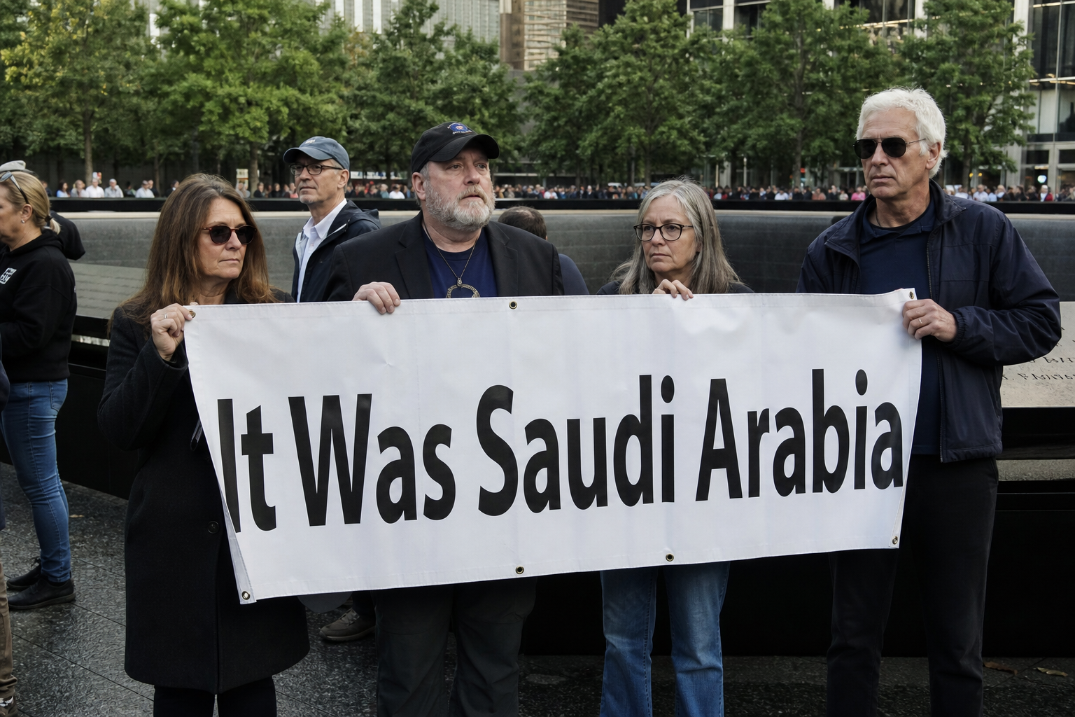 Families Hold Sign At 9/11 Memorial Reading 'It Was Saudi Arabia' For 25th Consecutive Year
