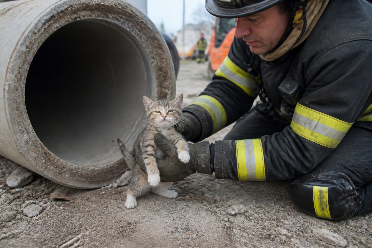 Kitten Rescued From 20-Foot Pipe Refuses To Acknowledge It Needed Help